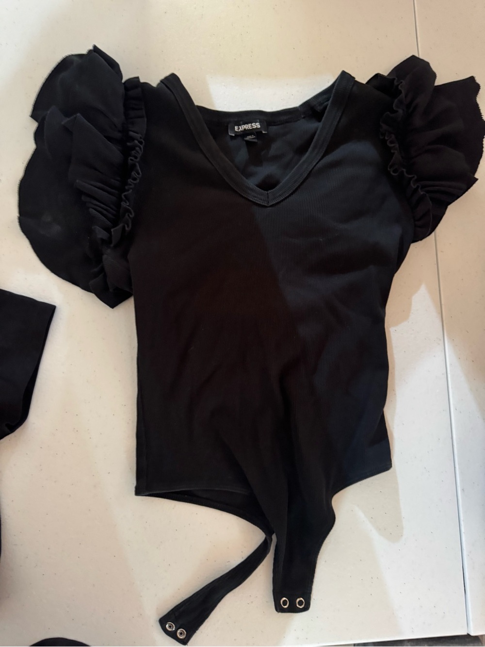 Express Black V-Neck Ruffle Sleeve Bodysuit with Snap Closure